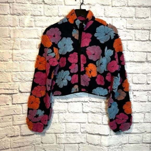 Cider Sweaters - Cider floral fuzzy Bohemian zipper front cardigan sweater Size Small New